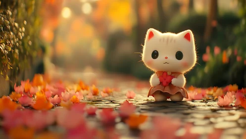 Adorable White Cat Sits Among Blooming Autumn Flowers.
