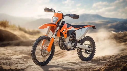 Sunlit dirt bike waiting on a wide open desert trail.