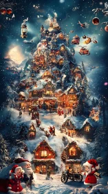 Snowy toy village spirals upward into a glowing Christmas peak