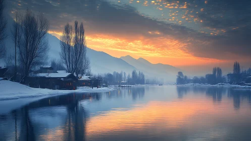Winter river sunrise paints misty mountains in quiet fire.