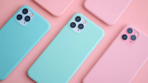 Pastel smartphones form diagonal layout on soft pink background