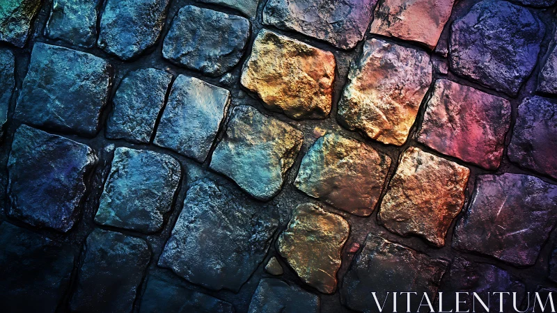 Vibrant cobblestone street with colorful lighting in artistic style.