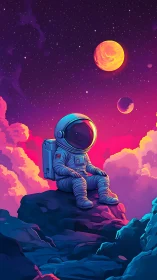 Lonely astronaut sitting on alien rocks under vivid sky.