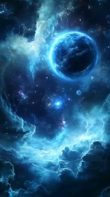 Gentle blue planet drifting through luminous cosmic clouds.