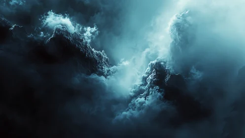 Stormlit cloud mountains rise in eerie cyan twilight hush.