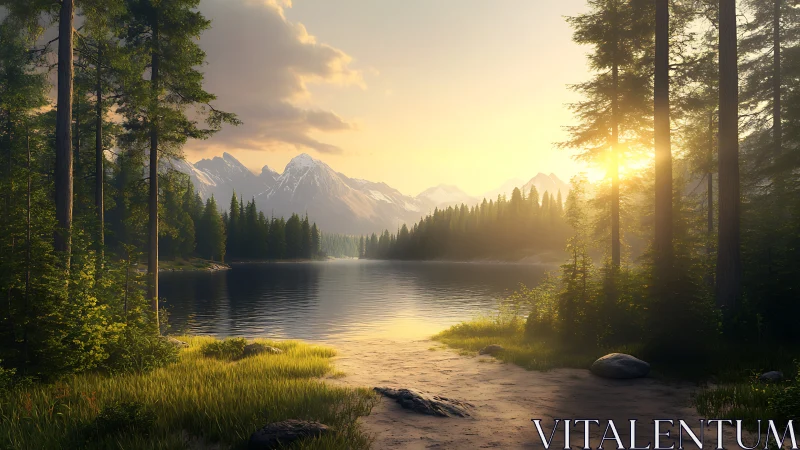 Sunlit alpine lake framed by dense forest silhouettes.