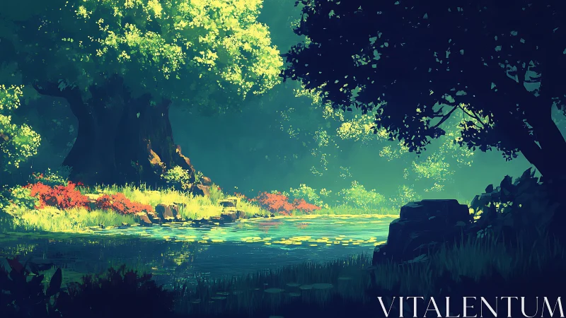 Enchanted Forest Lake with Luminous Canopy.