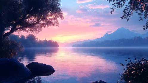 Serene mountain lake under pastel dawn sky reflection.