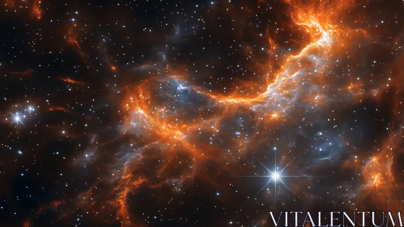 Fiery orange nebula clouds surrounding bright white stars.