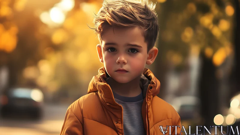 Young boy in golden jacket captures autumn warmth.