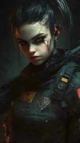 Armored futuristic soldier portrait with tactical weaponry.