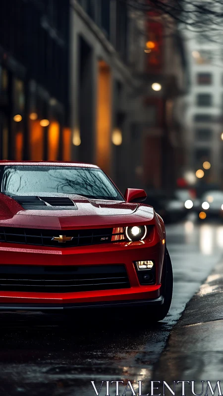 Red muscle car prowls a rainy city street at twilight.