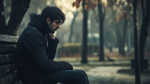 Melancholic young man sits alone on a misty autumn park bench