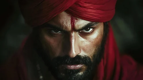 Fierce red-clad man holds an intense, unflinching gaze