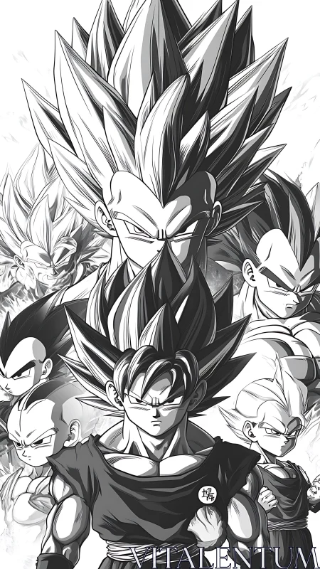 Monochrome Super Saiyan warriors in intense battle focus.