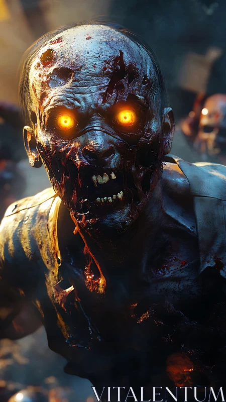 Glowing-eyed ghoul lunges forward through firelit chaos