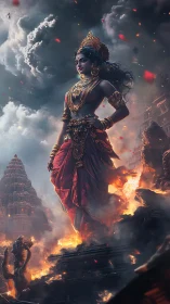 Fire-clad Hindu goddess strides above storm and temple ruins.