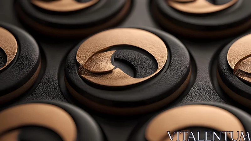 Modern abstract bronze and black circular emblems in 3D design.