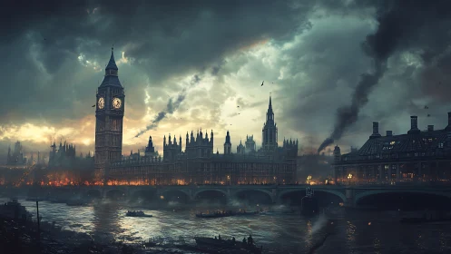 Stormlit London skyline over burning riverside streets.