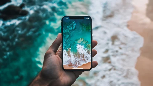 Hand holding smartphone displaying aerial coastal waves view