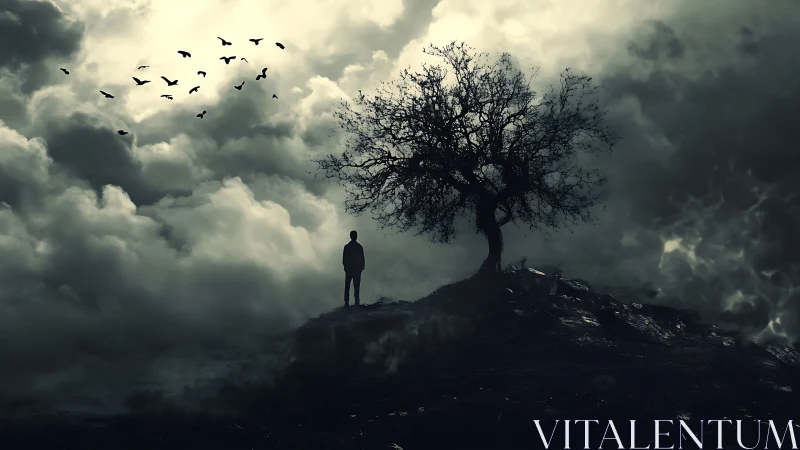 Solitary figure beneath barren tree over storm clouds.