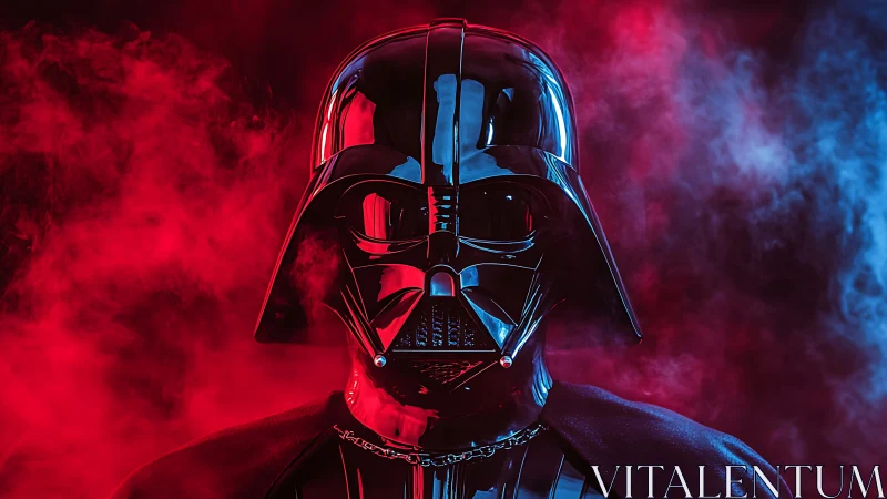 Cinematic black helmet portrait in red and blue rim lighting