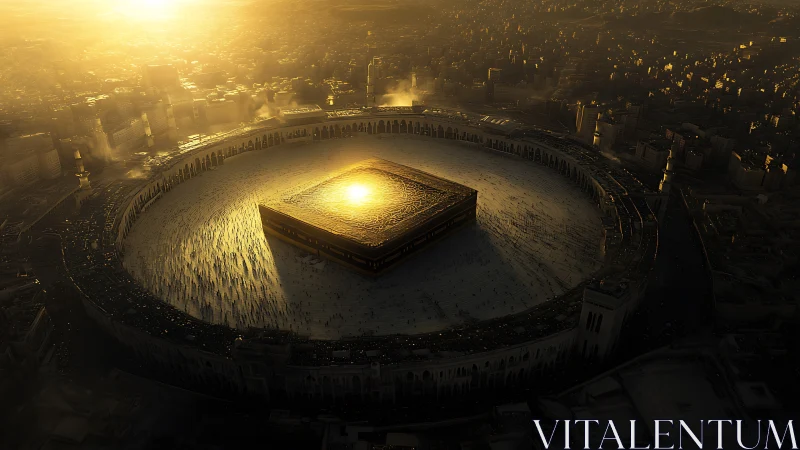 Golden sunset aerial of Kaaba within Grand Mosque courtyard