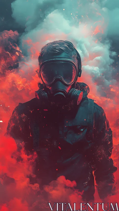 Gas-masked wanderer strides through neon storm clouds of fear