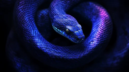 Electric blue snake coils in dramatic neon darkness