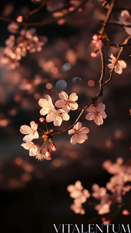 Cherry blossoms on branch during golden hour with soft bokeh background