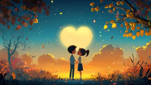 Two figures kiss beneath luminous heart-shaped moon in autumn landscape