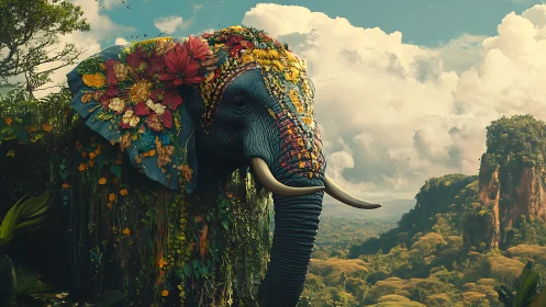 Floral-clad elephant amid volumetric jungle vista tableau.