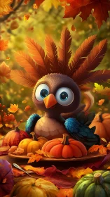 Adorable autumn owl with pumpkin feast and leafy crown.