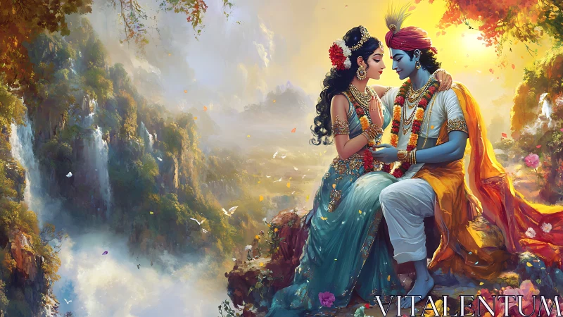 Divine lovers share quiet embrace beside luminous valley.