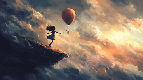Sky-edge dreamer drifts upward with a lone crimson balloon