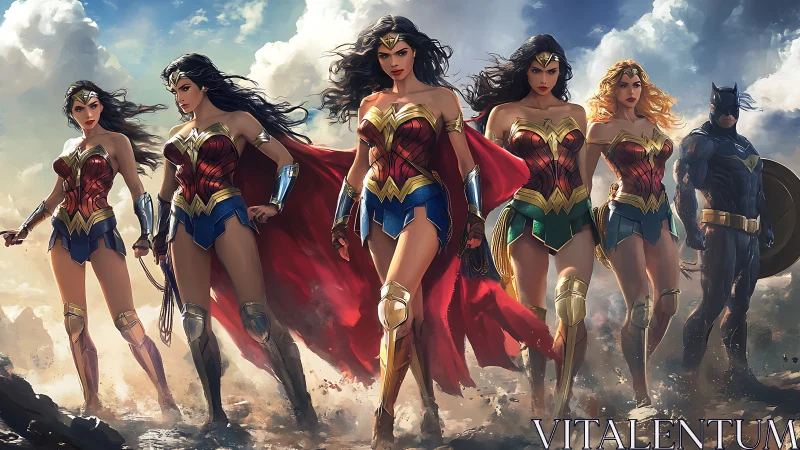 Multiple Wonder Woman Variants and Batman in Epic Comic Art Style.