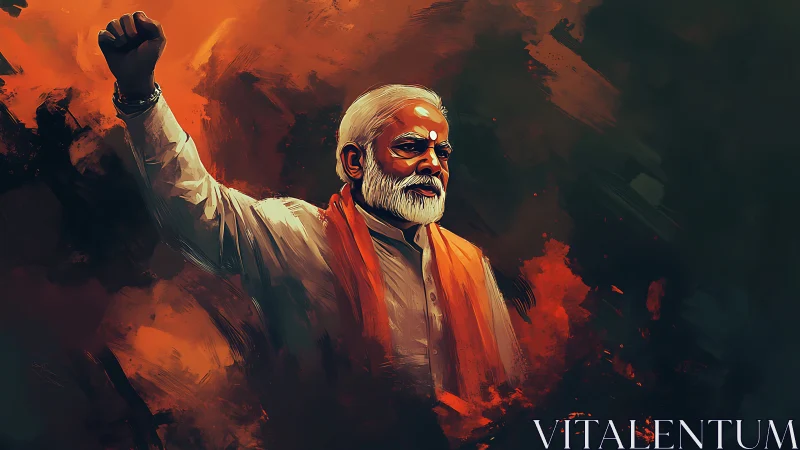Elder leader raises clenched fist amid blazing orange storm.
