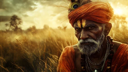 Elderly ascetic in saffron robe rendered in warm photorealism