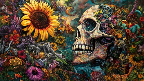 Floral encrusted human skull amid saturated botanical chaos