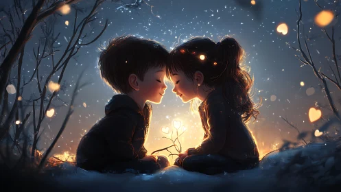 Two Children in Magical Snowy Forest with Glowing Light