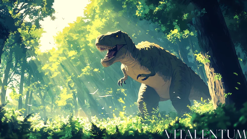 Roaring tyrannosaurus stalks a sunlit prehistoric forest