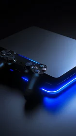 Gaming Controller with Illuminated Blue Neon Accents on Dark Surface