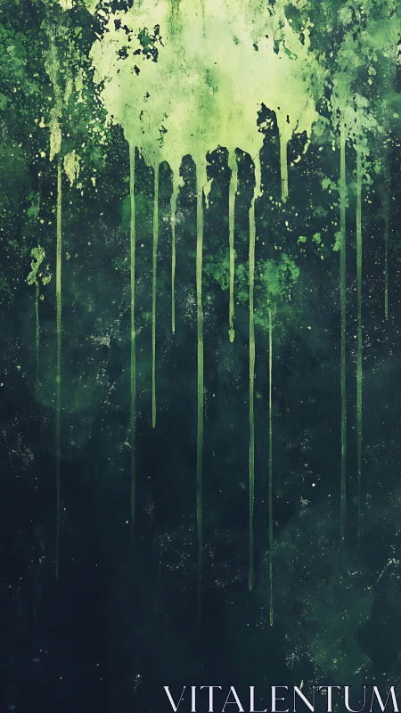Emerald paint drips cascade over dark abstract field.