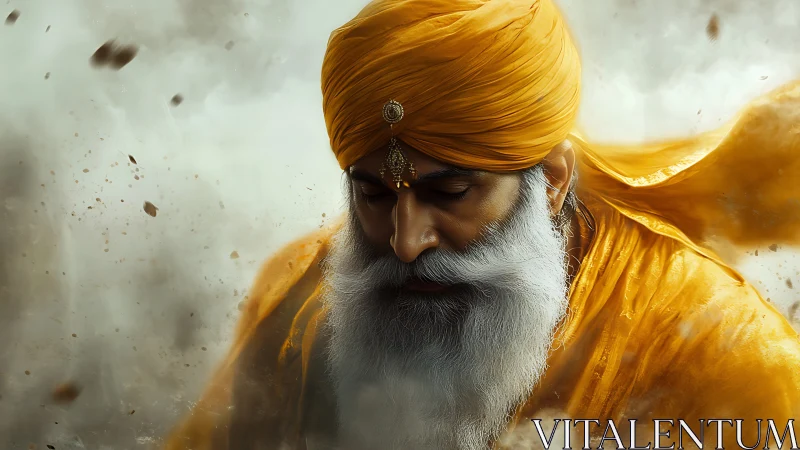 Elderly Sikh warrior in orange turban amid swirling dust.
