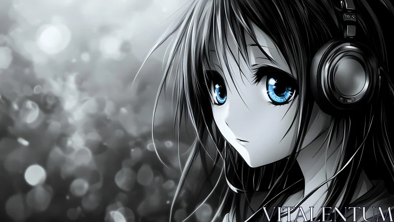 Monochrome anime profile illustrates headphone use outdoors