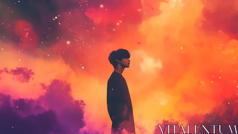 Dreamer Standing Quietly in a Glowing Cosmic Sunset Sky.