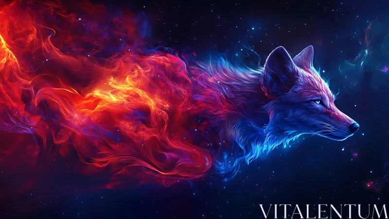 Nebula fox silhouette in deep space with flowing colors.