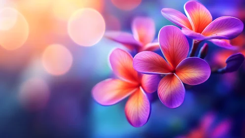 Colorful gradient flowers with vibrant petals in soft bokeh