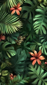 Lush jungle leaves and coral blooms in calming greenery.