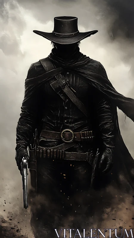 Shadowborn gunslinger strides through stormlit frontier dust.